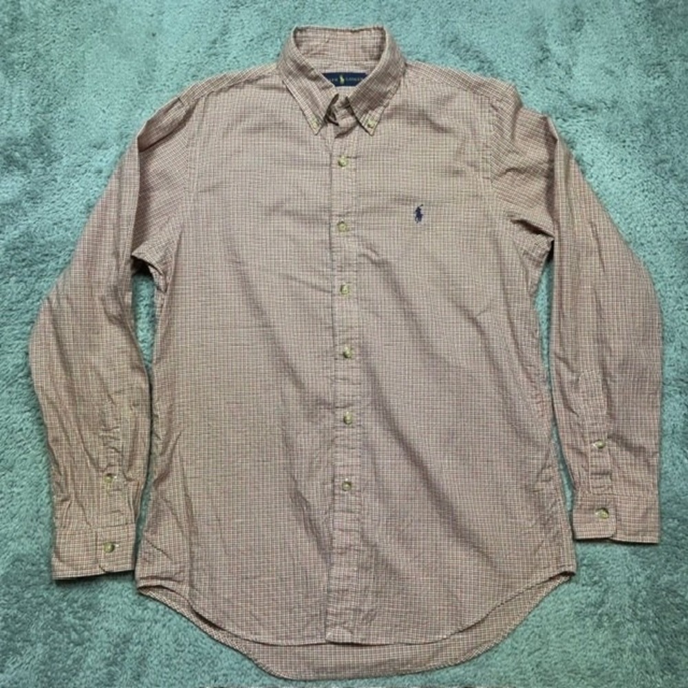 Ralph Lauren Shirt Mens M Orange Blue Long Sleeve Button Down Check OCBD EUC